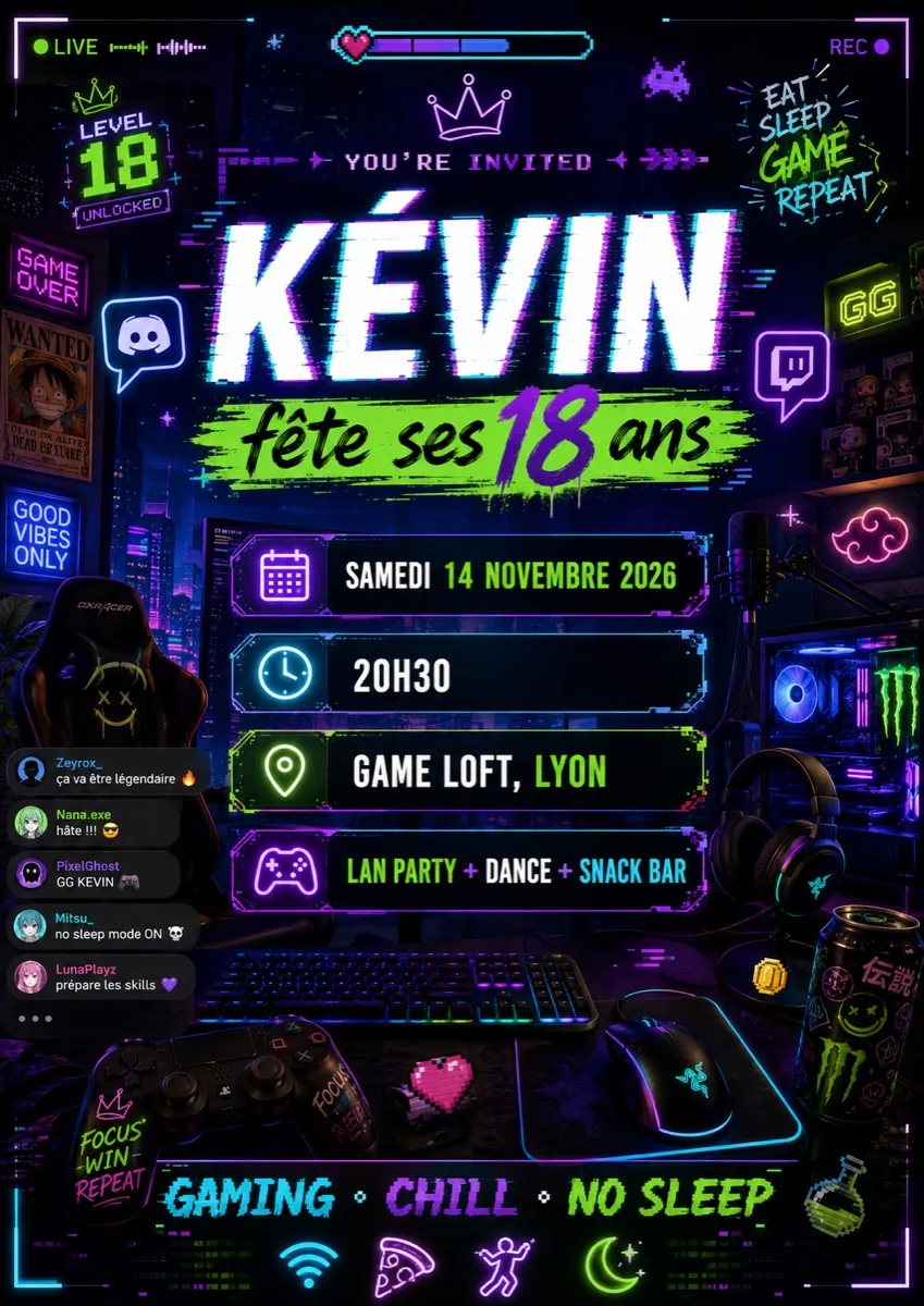 Faire-part anniversaire Néon Arcade à personnaliser