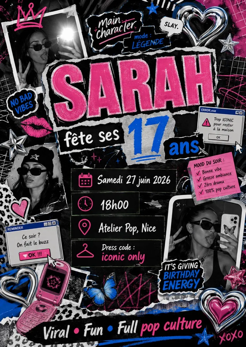 Faire-part anniversaire Cœur Chromé à personnaliser