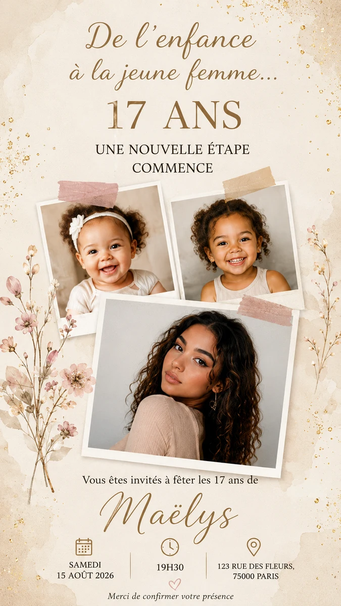 Faire-part anniversaire Pétales à personnaliser