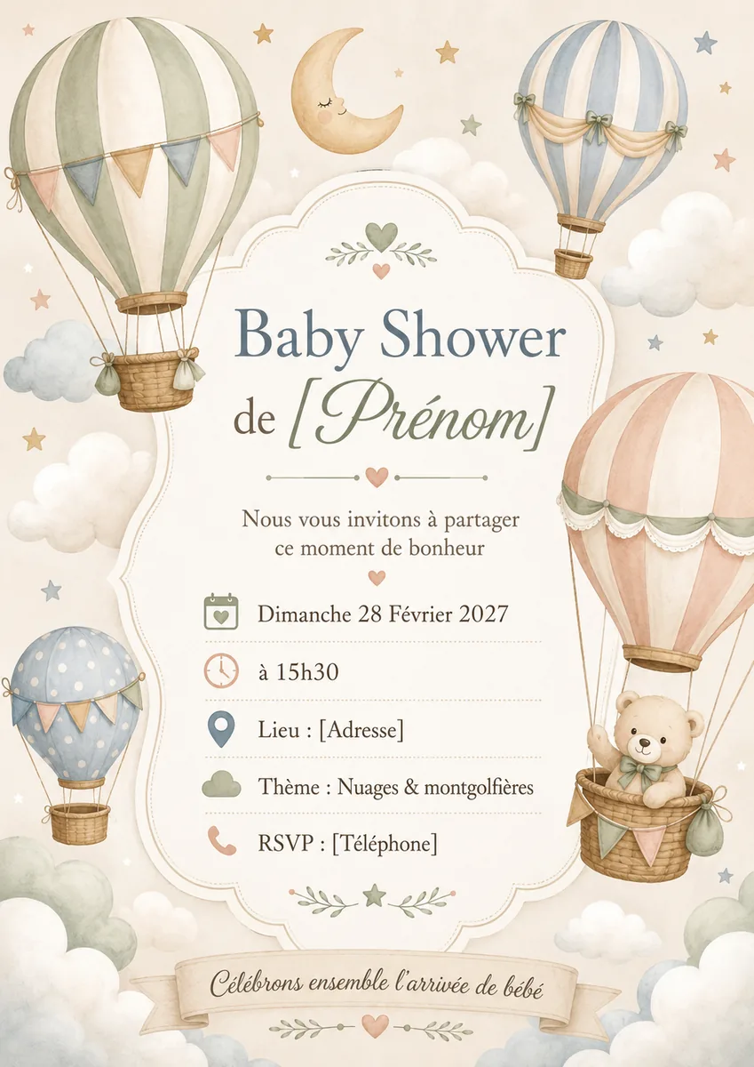 Faire-part babyshower Envolée à personnaliser