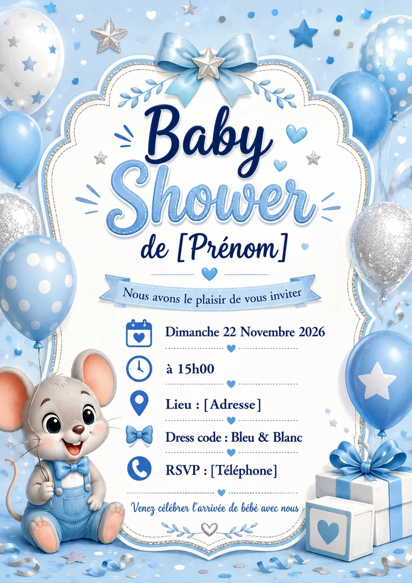 Faire-part babyshower Azur à personnaliser
