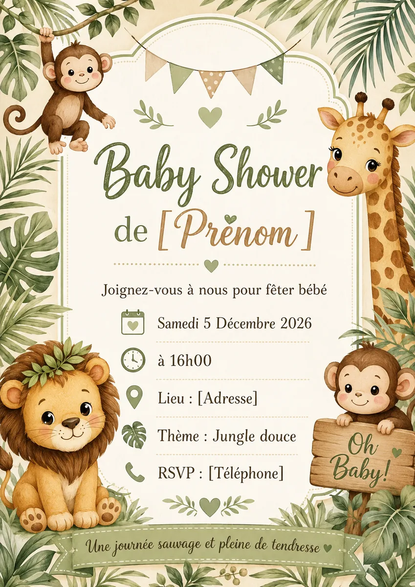 Faire-part babyshower Jungle à personnaliser