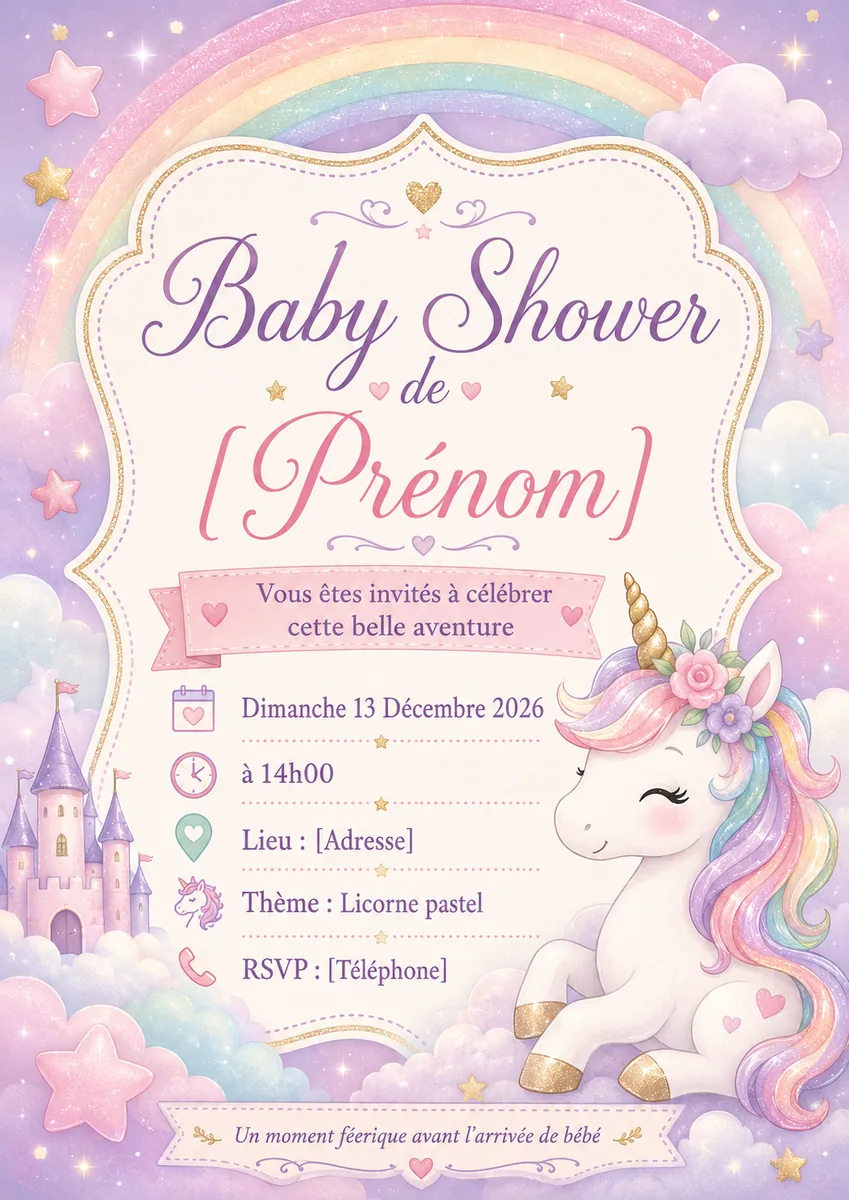 Faire-part babyshower Licorne à personnaliser