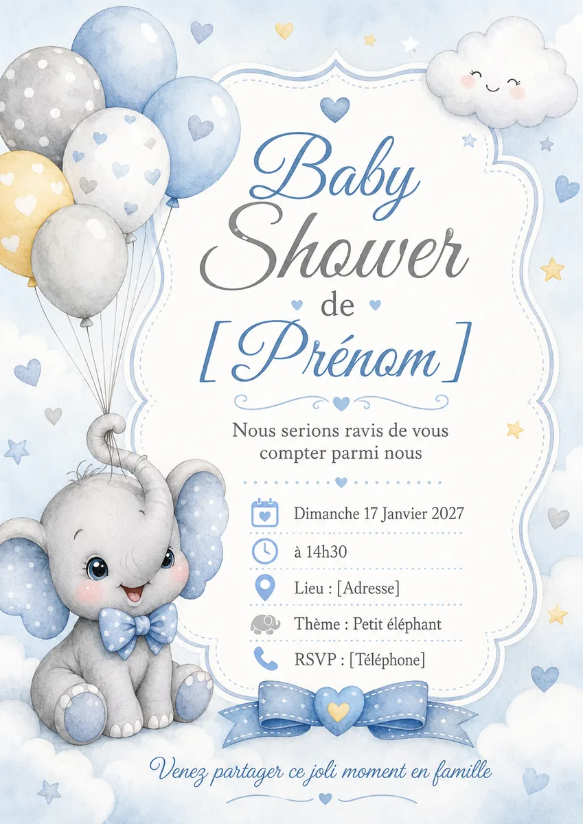 Faire-part babyshower Éléphant à personnaliser