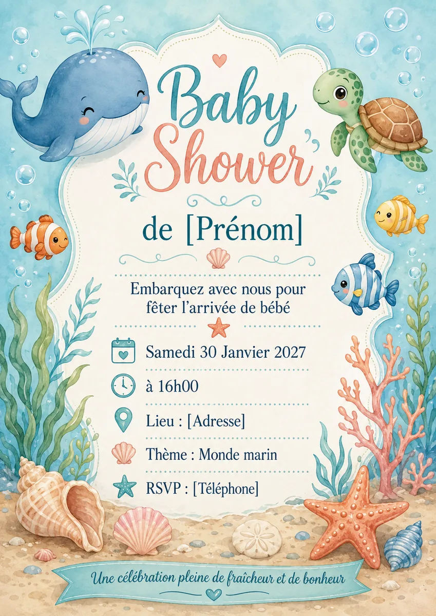 Faire-part babyshower Océan à personnaliser