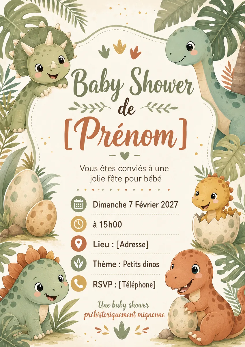 Faire-part babyshower Dino à personnaliser