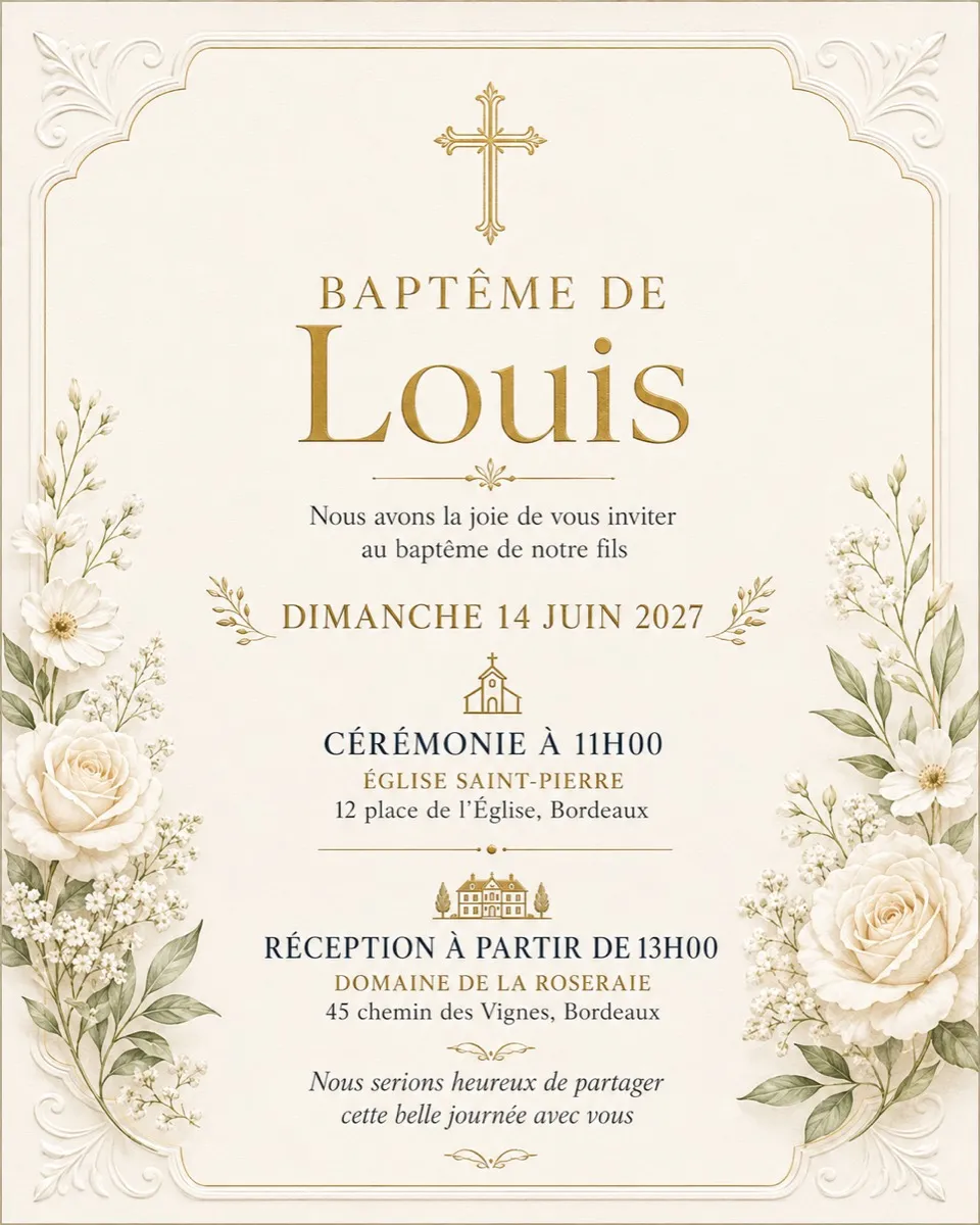 Faire-part bapteme Rose d'Ivoire à personnaliser