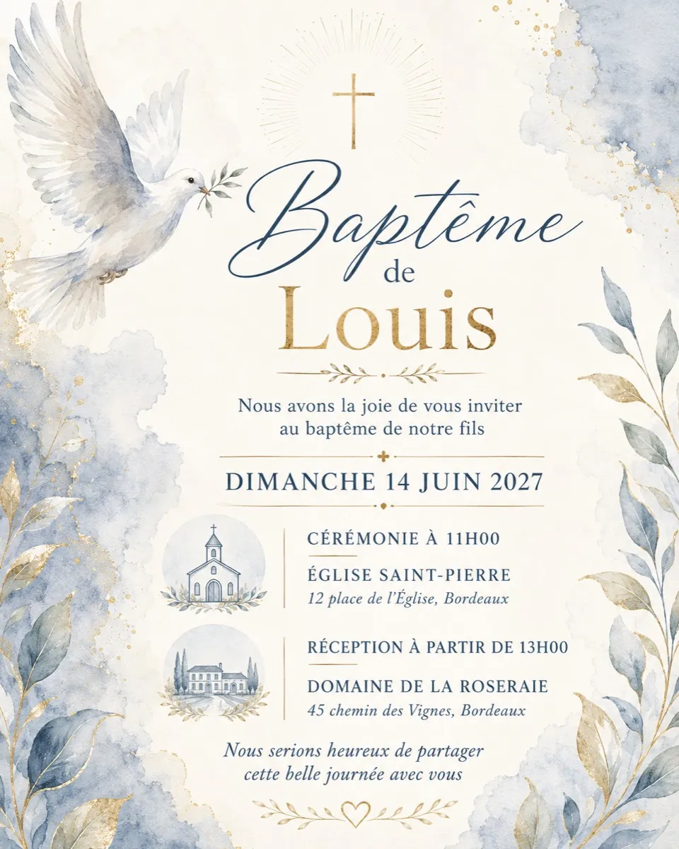 Faire-part bapteme Aile Blanche à personnaliser