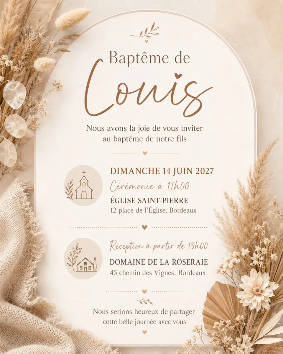 Faire-part bapteme Pampa Dorée à personnaliser