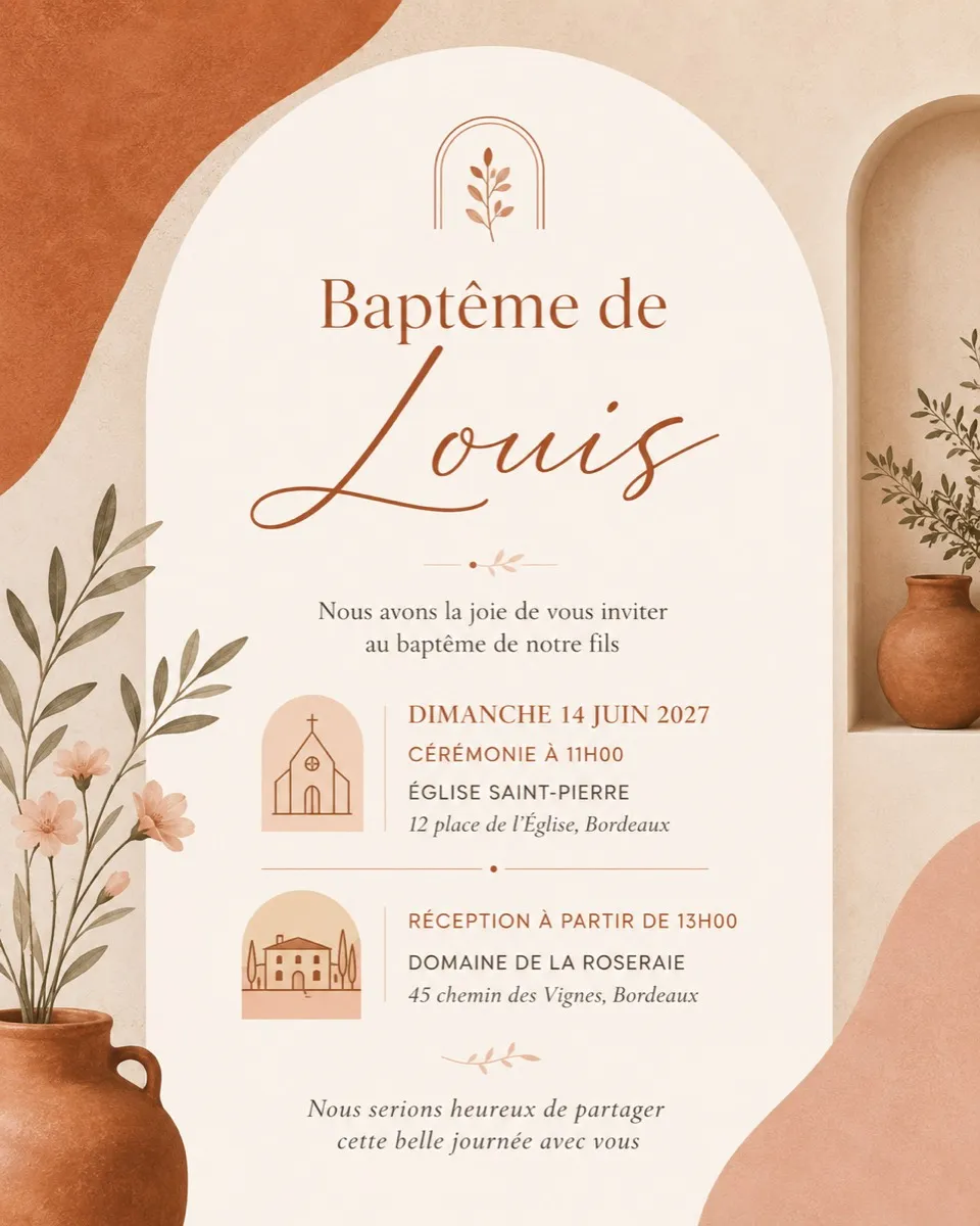 Faire-part bapteme Terre de Sienne à personnaliser