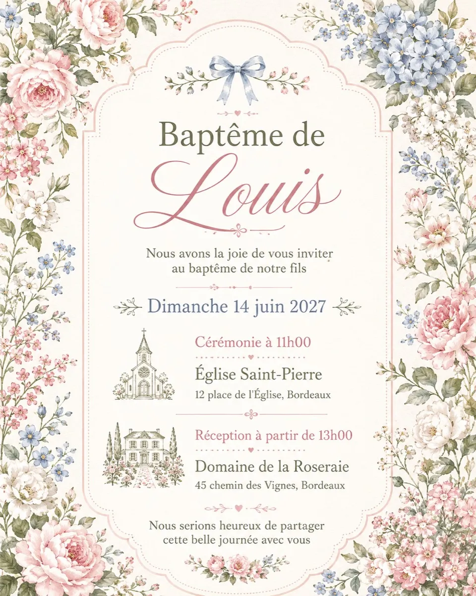 Faire-part bapteme Jardin Anglais à personnaliser
