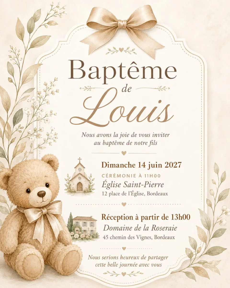 Faire-part bapteme Ourson Câlin à personnaliser