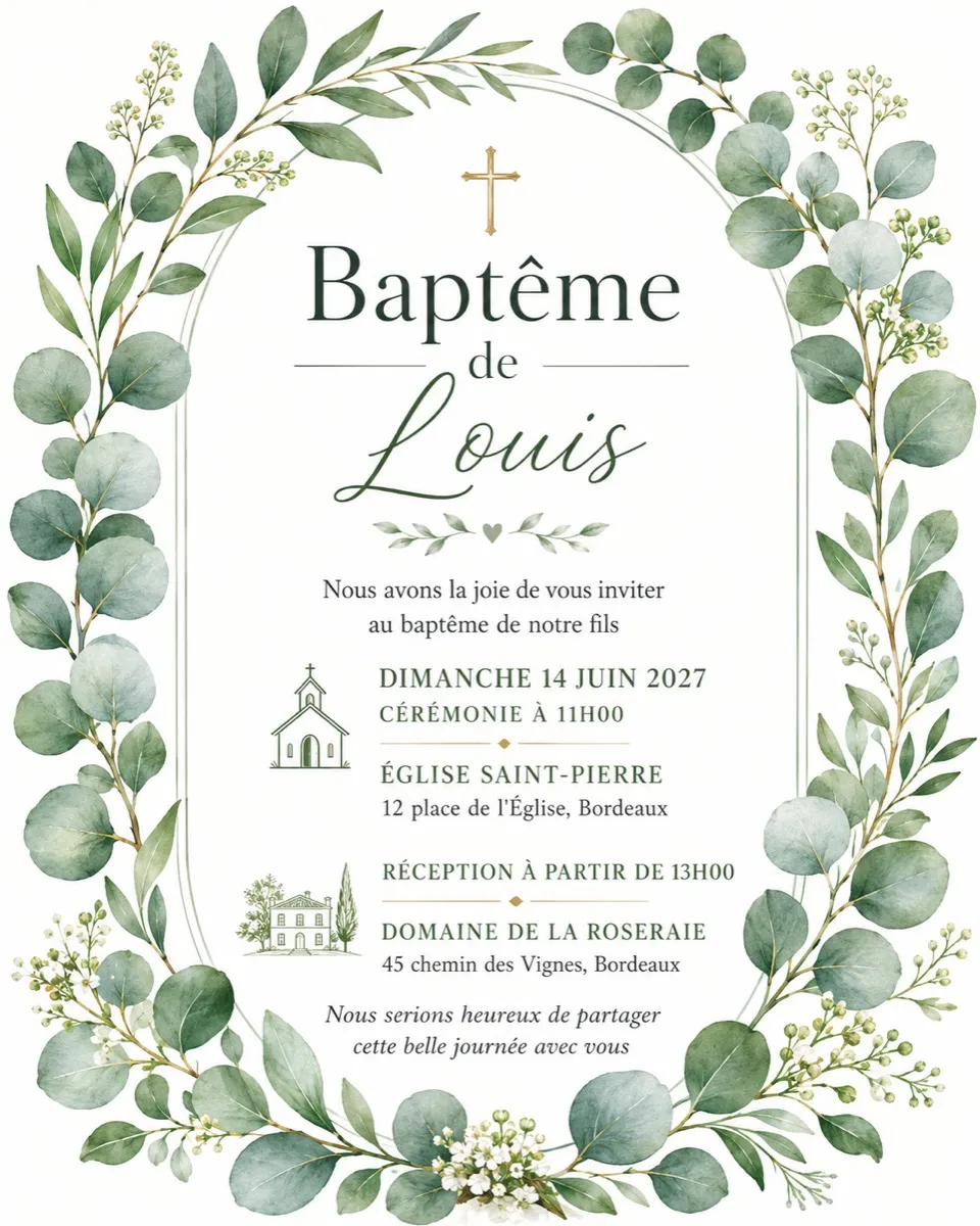 Faire-part bapteme Eucalyptus à personnaliser