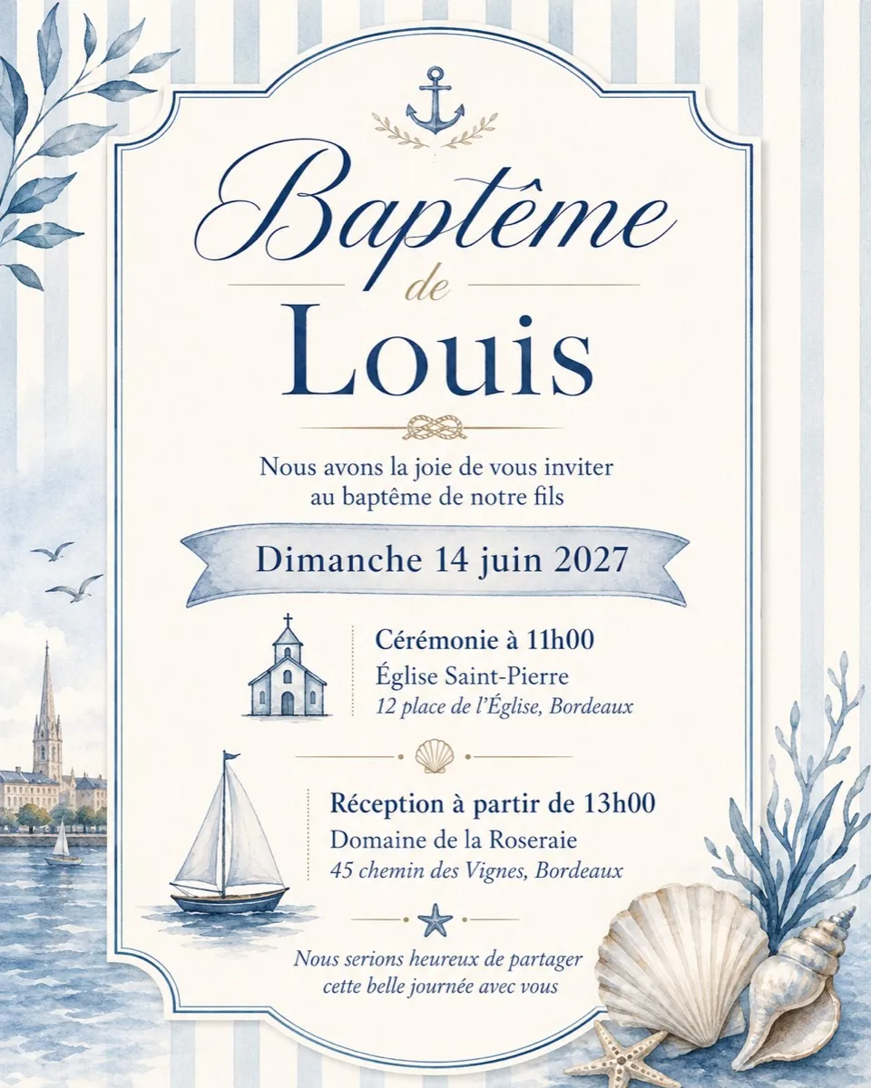 Faire-part bapteme Bord de Mer à personnaliser