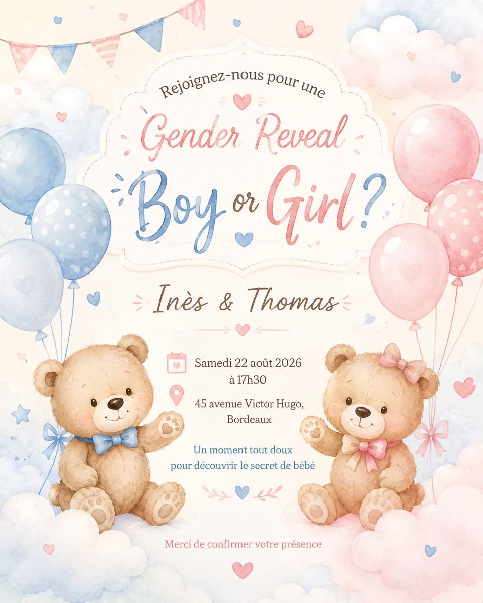 Faire-part gender Petit Ours à personnaliser