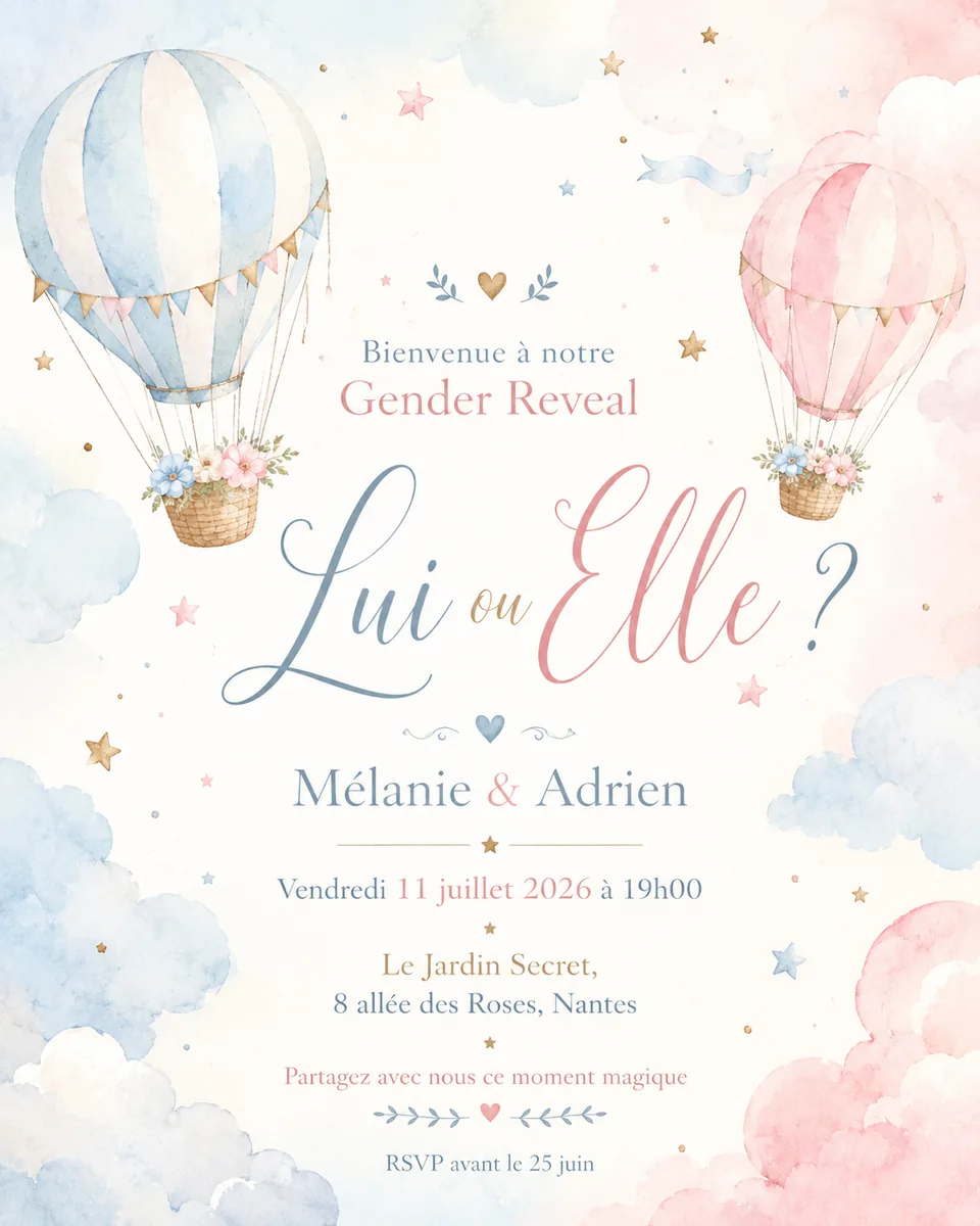 Faire-part gender Montgolfière à personnaliser