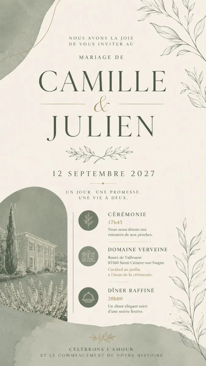 Faire-part mariage Verveine à personnaliser