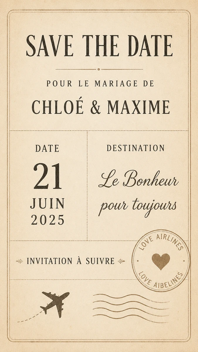 Faire-part mariage Embarquement à personnaliser