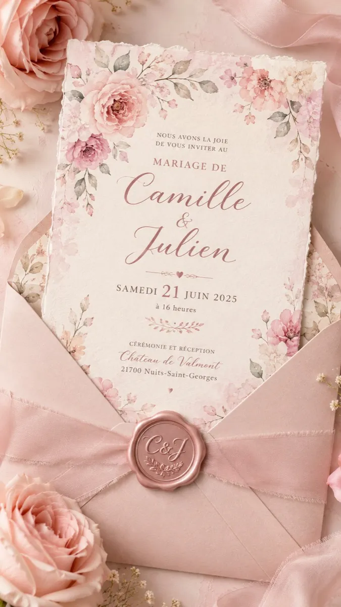 Faire-part mariage Cire de Rose à personnaliser