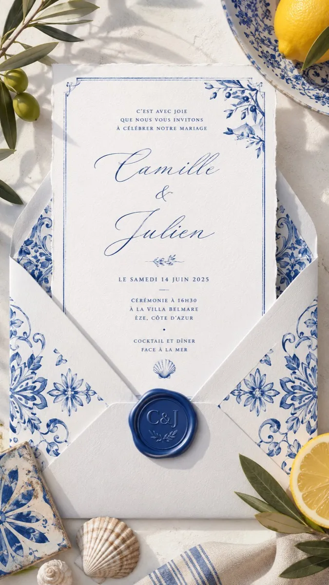 Faire-part mariage Lettre d'Azur à personnaliser